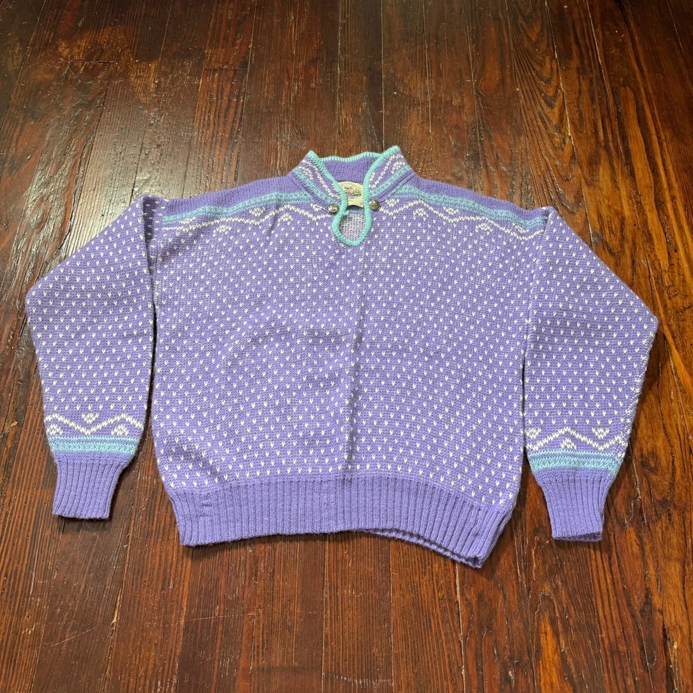 Vintage Alps Nordic Sweater Womens XL Purple Teal Keyhole Button Mock Neck